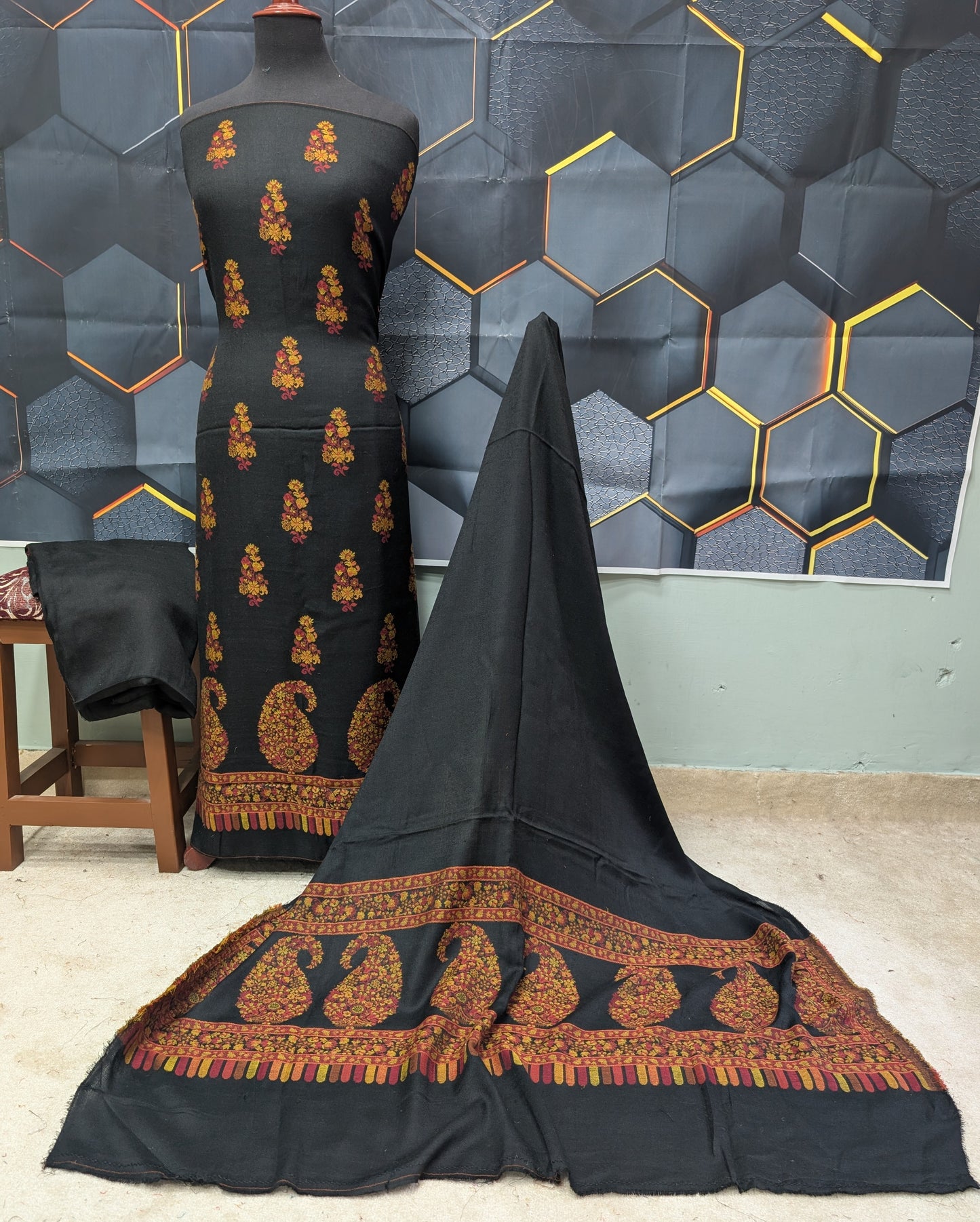 Special Kani Pashmina 3 Piece Unstitched Suit | Black Allover Suit