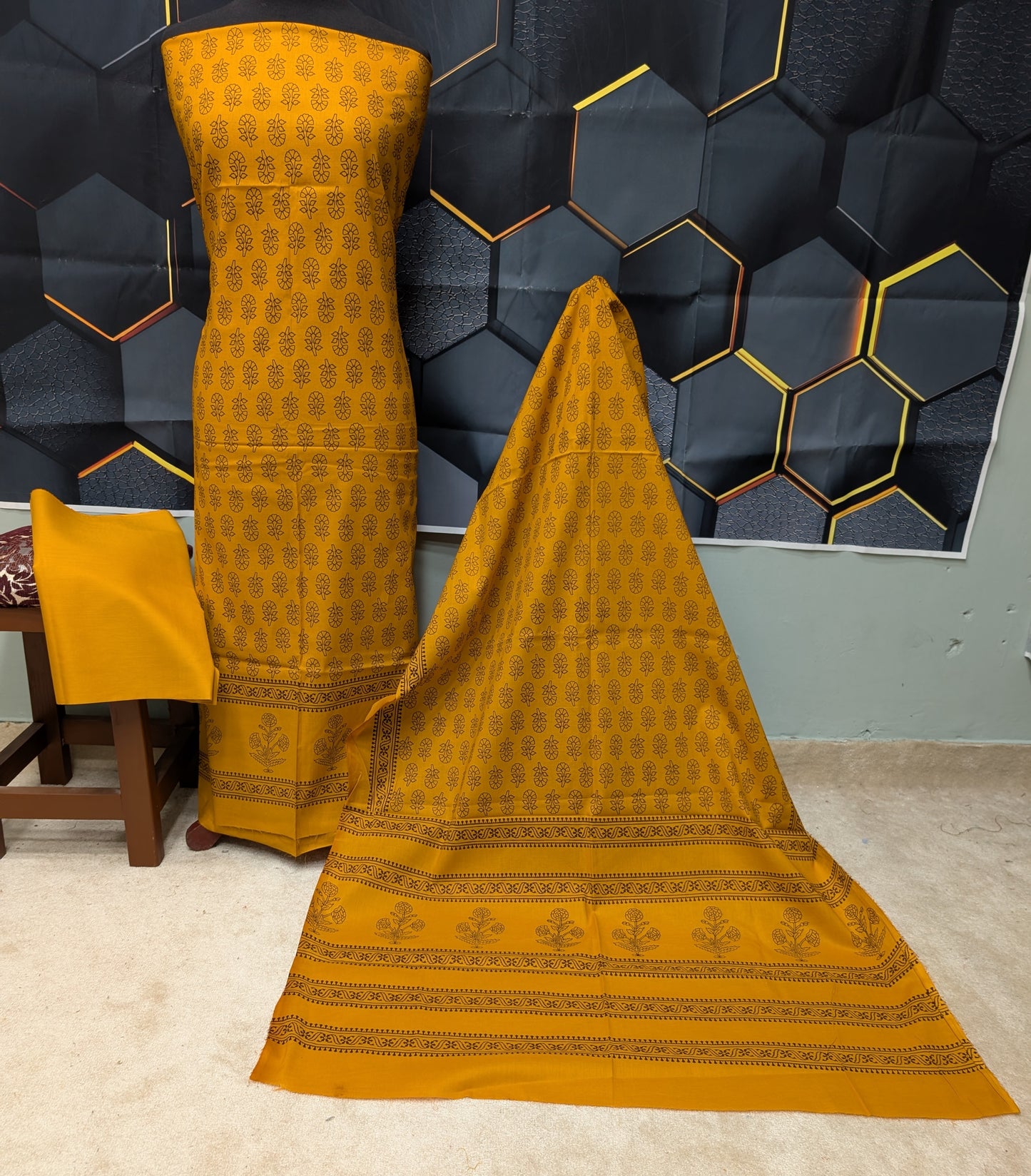 Hand Block Print Lawn 3 Piece Suit Ajrak Style Pure Lawn | Mustard