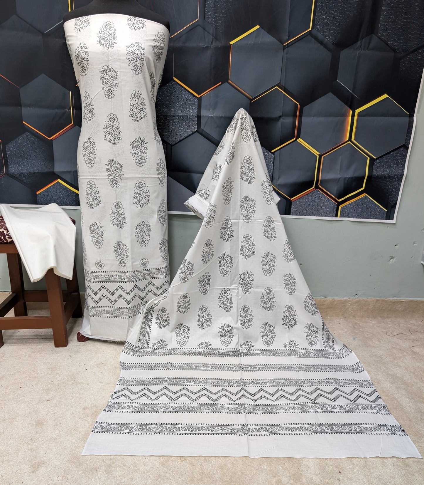 Hand Block Print Lawn 3 Piece Suit Ajrak Style Pure Lawn | White
