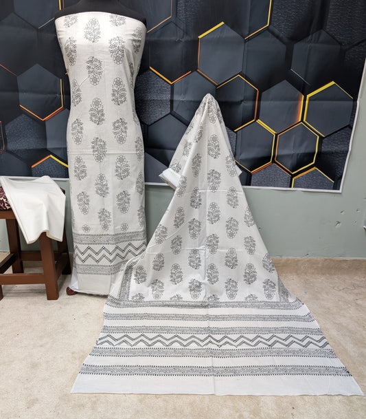 Hand Block Print Lawn 3 Piece Suit Ajrak Style Pure Lawn | White