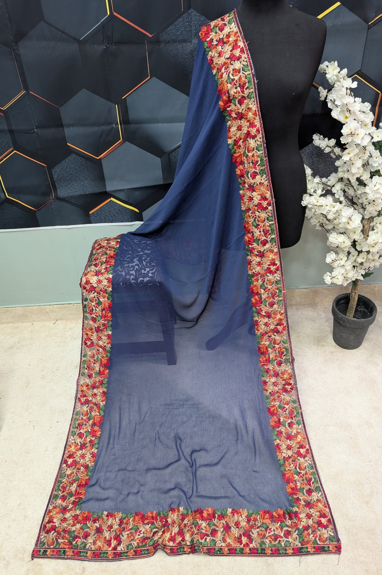 Crinkle Chiffon Kashmiri Border Embroidered Dupatta | Navy Blue