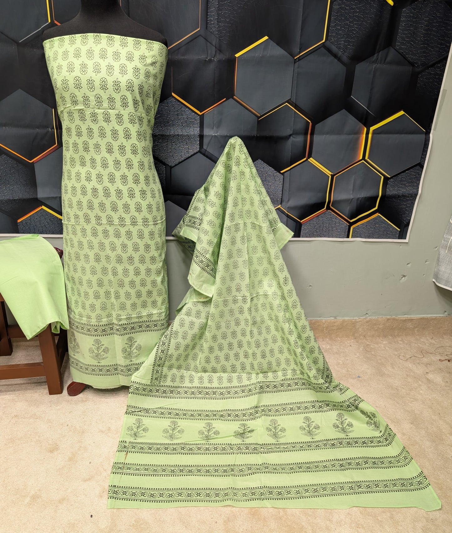Hand Block Print Lawn 3 Piece Suit Ajrak Style Pure Lawn | Pista Green