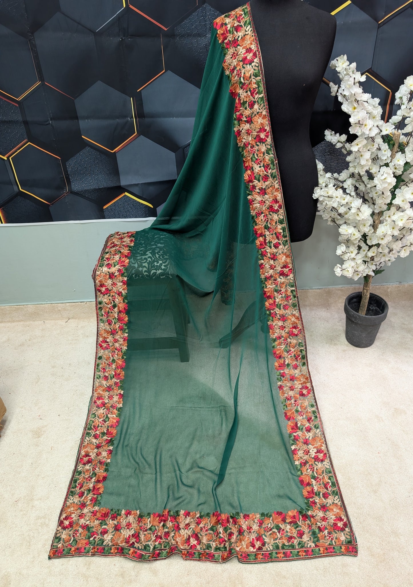 Crinkle Chiffon Kashmiri Border Embroidered Dupatta | Dark Green