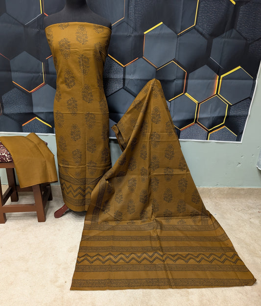 Hand Block Print Lawn 3 Piece Suit Ajrak Style Pure Lawn | Dark Mehndi