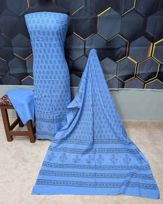 Hand Block Print Lawn 3 Piece Suit Ajrak Style Pure Lawn | Sky Blue