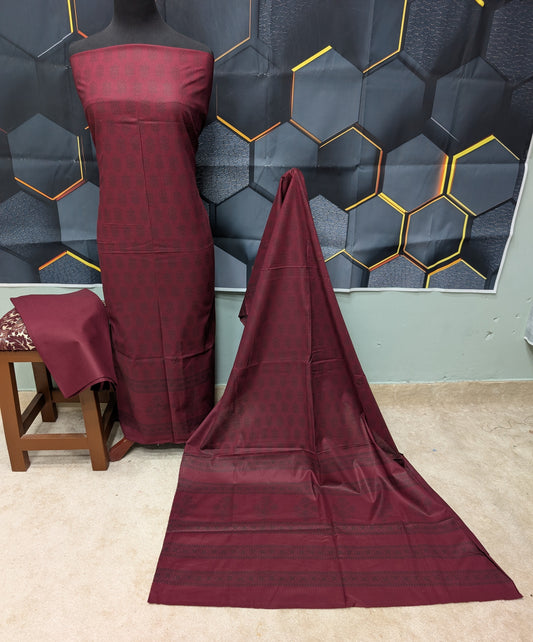 Hand Block Print Lawn 3 Piece Suit Ajrak Style Pure Lawn | Dark Maroon