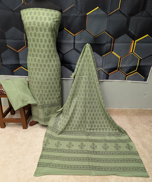 Hand Block Print Lawn 3 Piece Suit Ajrak Style Pure Lawn | Pista Green
