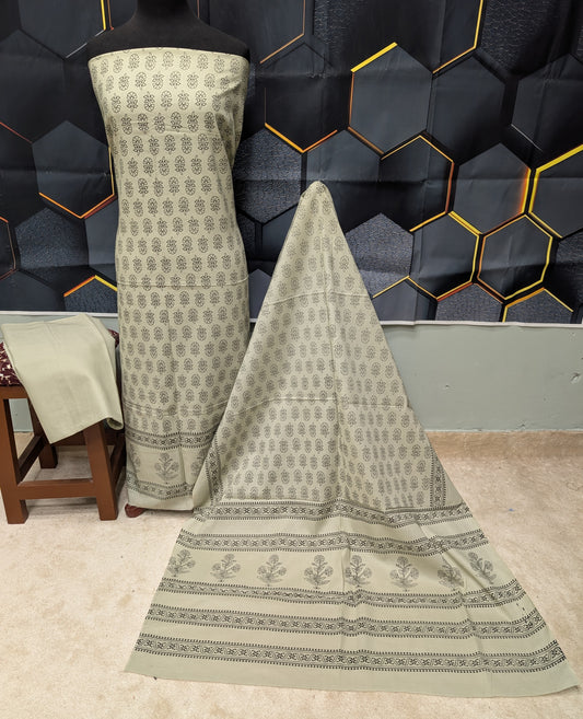 Hand Block Print Lawn 3 Piece Suit Ajrak Style Pure Lawn | Skin Grey