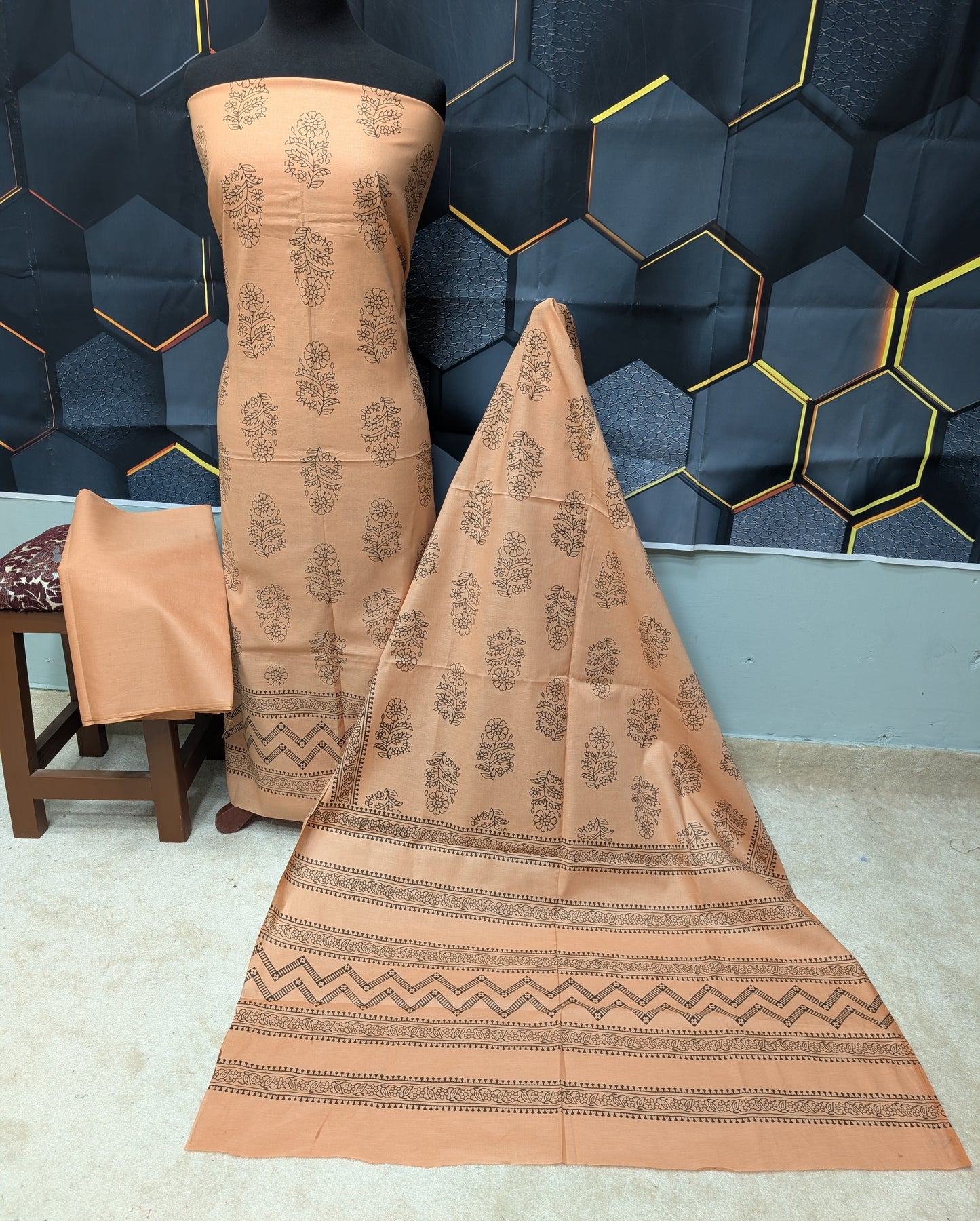 Hand Block Print Lawn 3 Piece Suit Ajrak Style Pure Lawn | Peach
