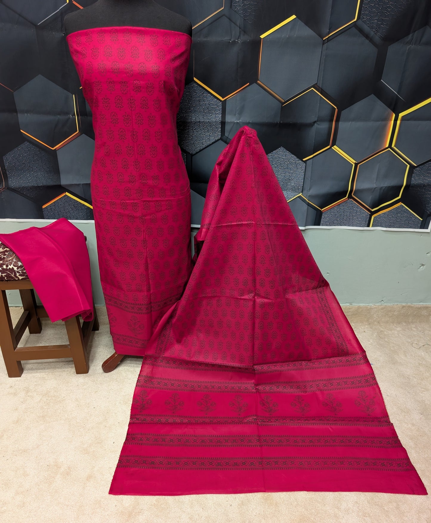 Hand Block Print Lawn 3 Piece Suit Ajrak Style Pure Lawn | Hot Pink