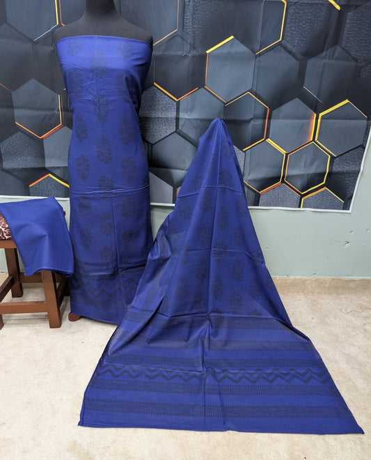 Hand Block Print Lawn 3 Piece Suit Ajrak Style Pure Lawn | Royal Blue