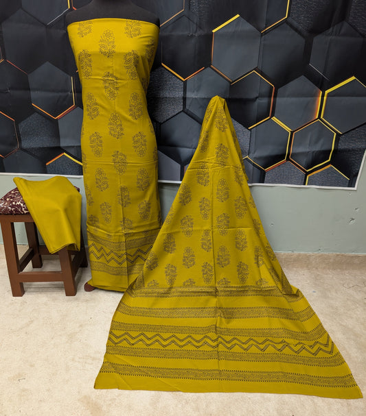 Hand Block Print Lawn 3 Piece Suit Ajrak Style Pure Lawn | Mehndi Green