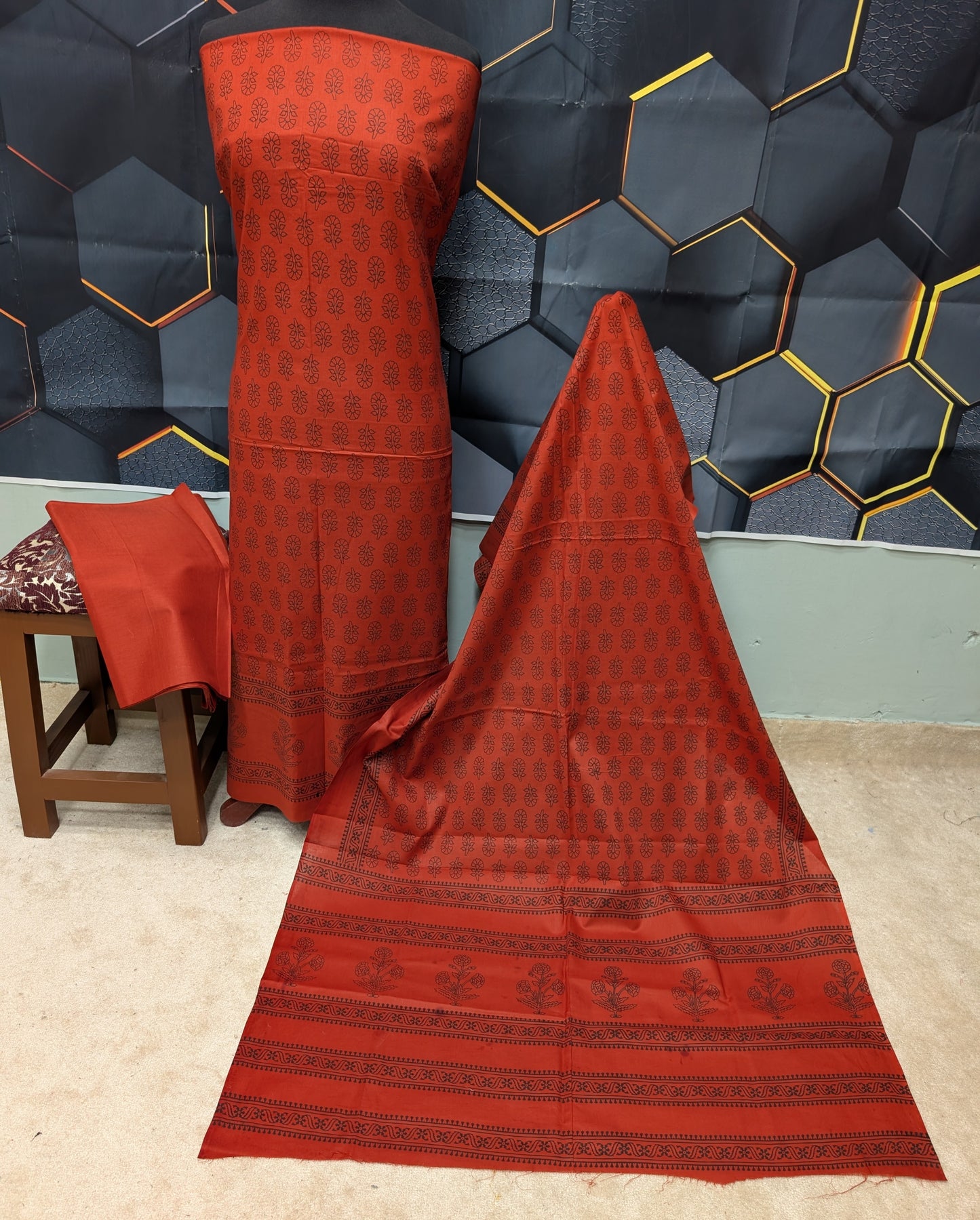 Hand Block Print Lawn 3 Piece Suit Ajrak Style Pure Lawn | Dark Rust