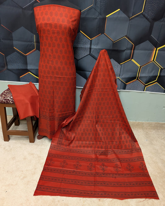 Hand Block Print Lawn 3 Piece Suit Ajrak Style Pure Lawn | Dark Rust