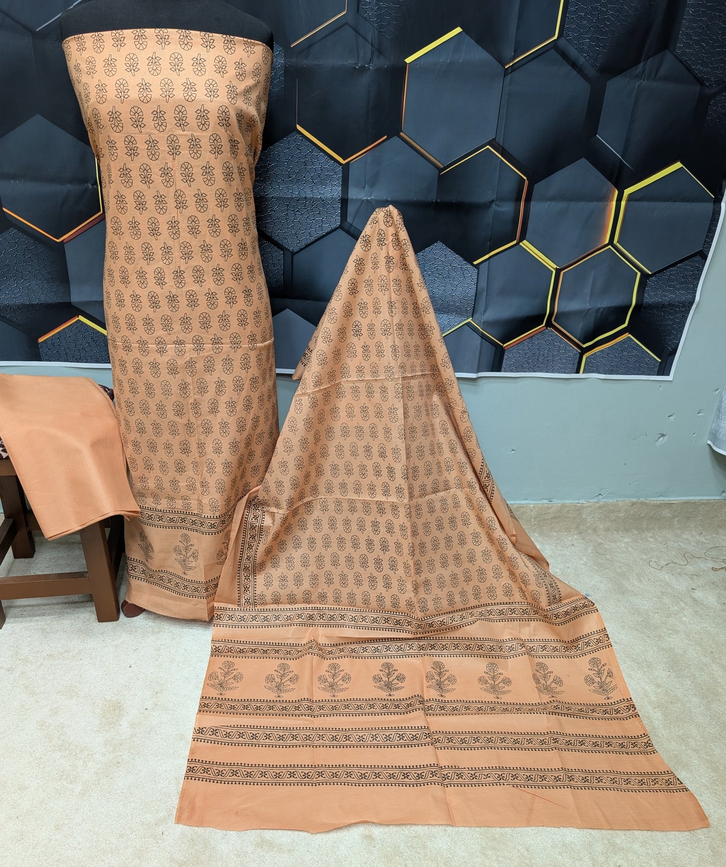 Hand Block Print Lawn 3 Piece Suit Ajrak Style Pure Lawn | Peach