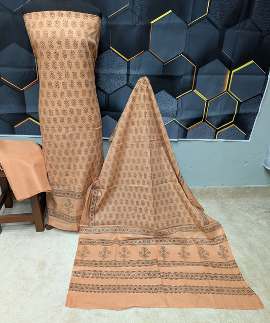 Hand Block Print Lawn 3 Piece Suit Ajrak Style Pure Lawn | Peach