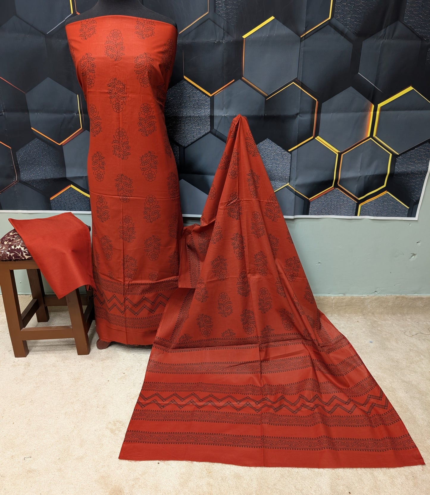 Hand Block Print Lawn 3 Piece Suit Ajrak Style Pure Lawn | Dark Rust