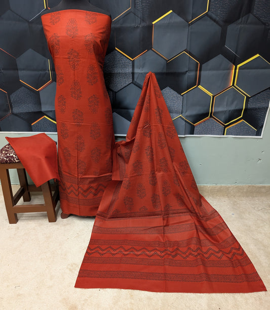Hand Block Print Lawn 3 Piece Suit Ajrak Style Pure Lawn | Dark Rust