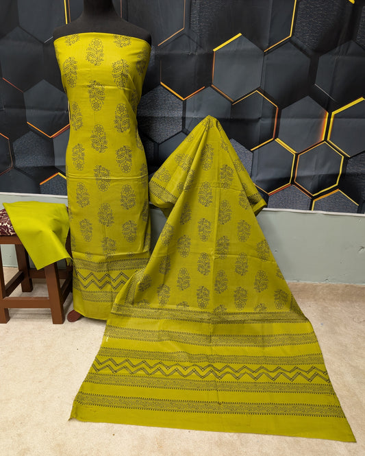 Hand Block Print Lawn 3 Piece Suit Ajrak Style Pure Lawn | Pear Green