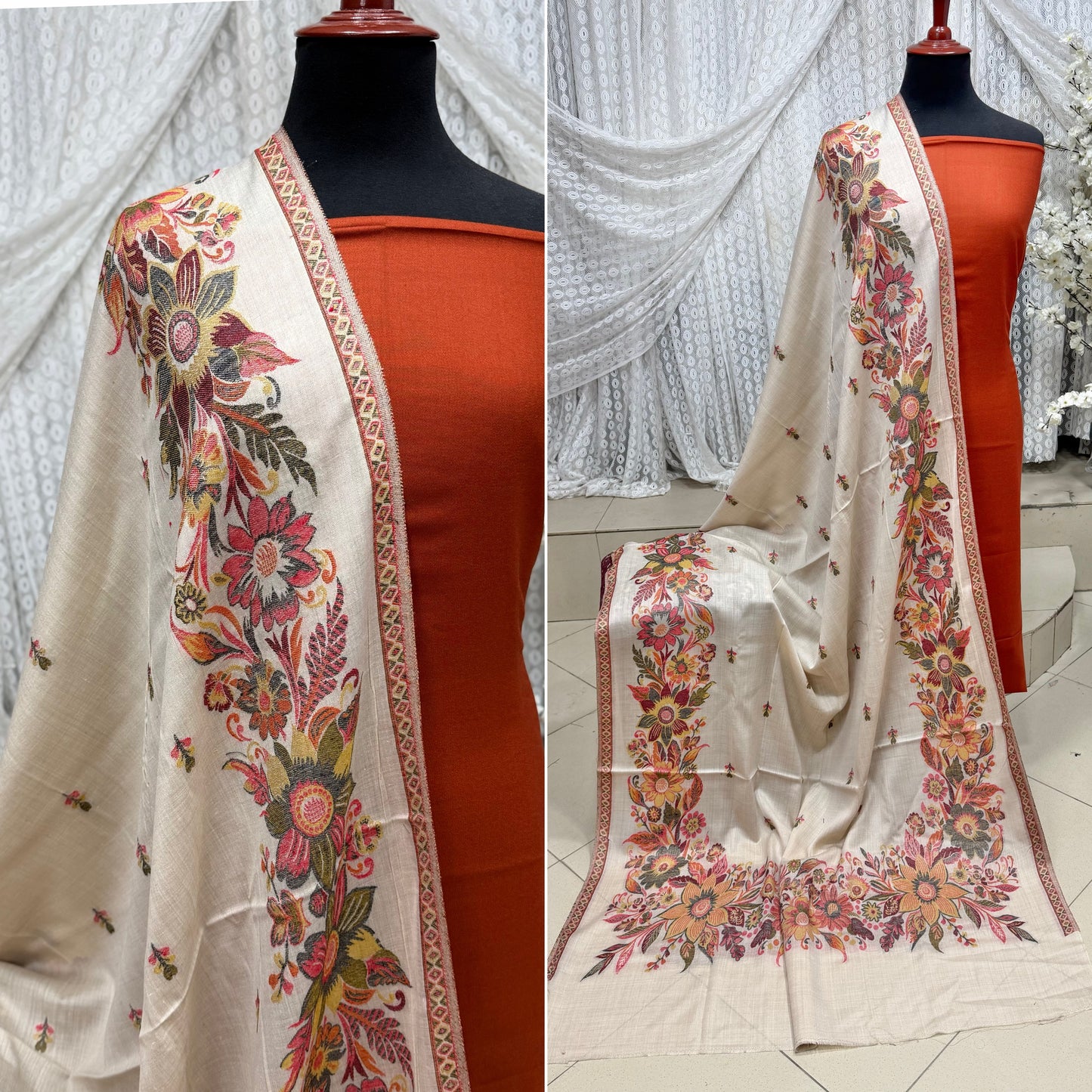 3 Piece Kani Shawl Suit | Plain Marina Suit With Kani Gulab Border Pashmina Shawl