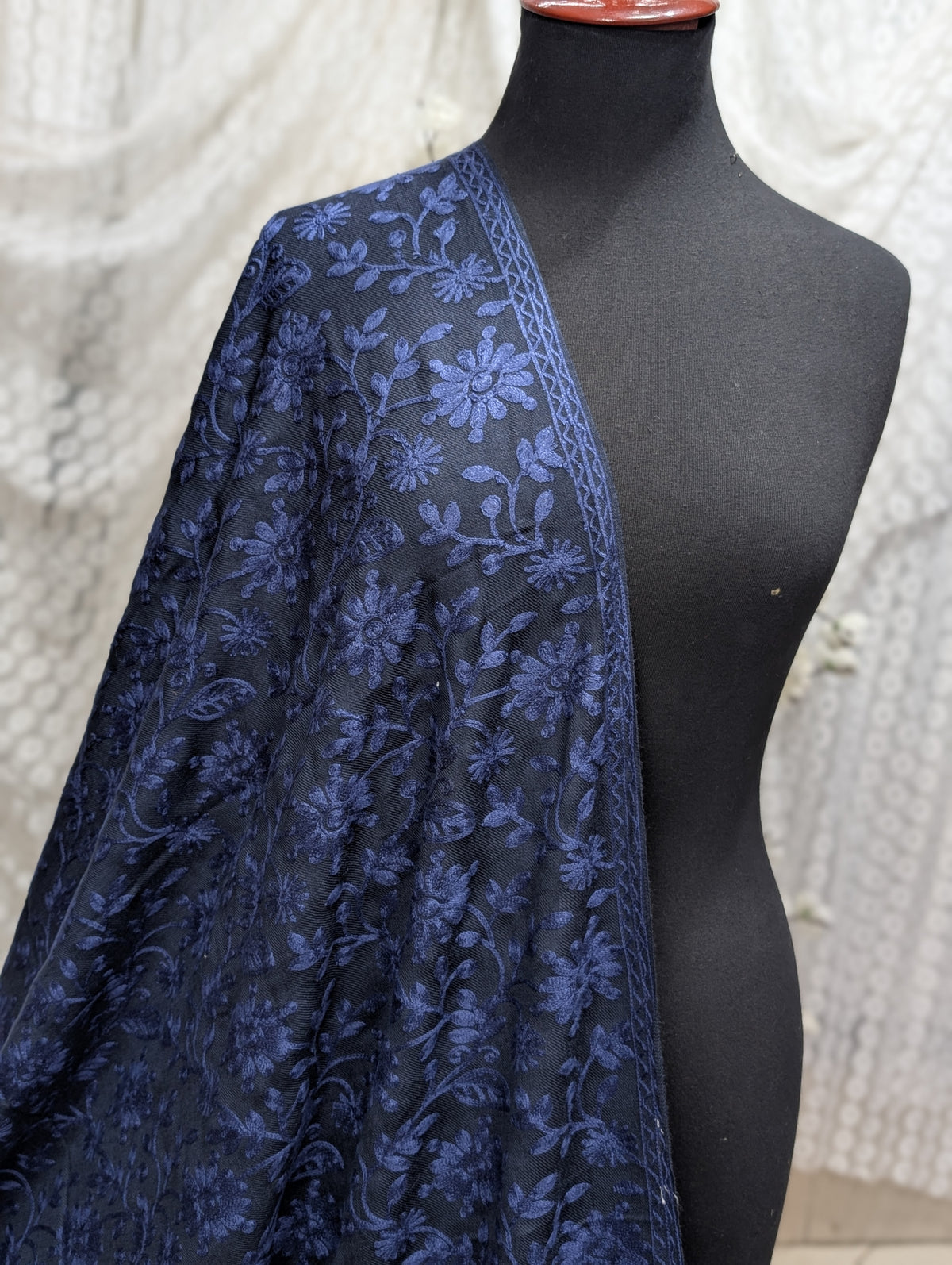 Pashmina Embroidered Shawl Flower Design | Blue With Blue