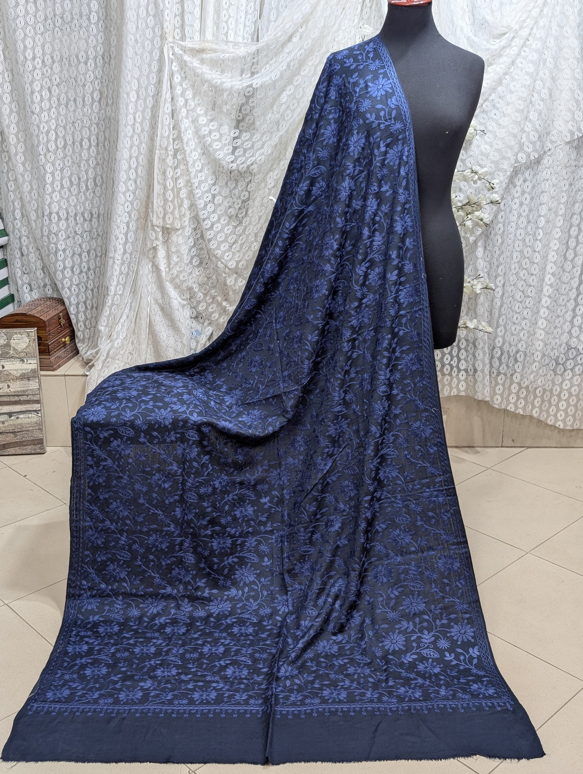 Pashmina Embroidered Shawl Flower Design | Blue With Blue
