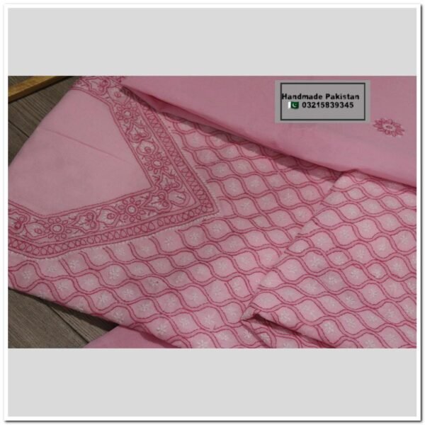 Chikankari 3 Piece Unstitched Suit- Pink - Image 5