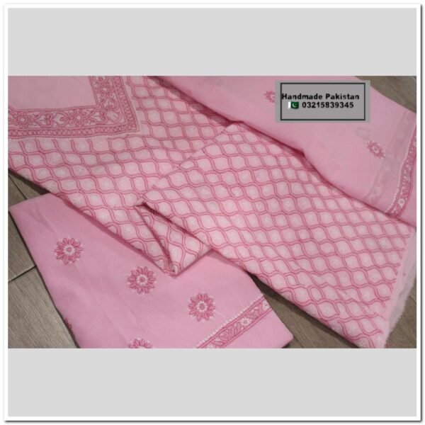 Chikankari 3 Piece Unstitched Suit- Pink - Image 4