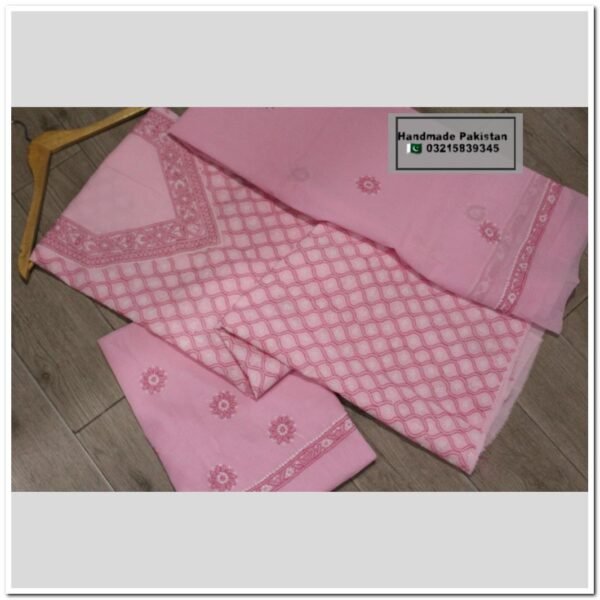 Chikankari 3 Piece Unstitched Suit- Pink - Image 3