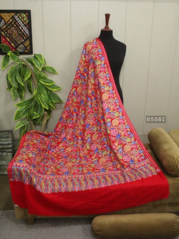 Red Qalamkar Shawl | Pashmina Gulabkar Embroidered Shawl - Image 3