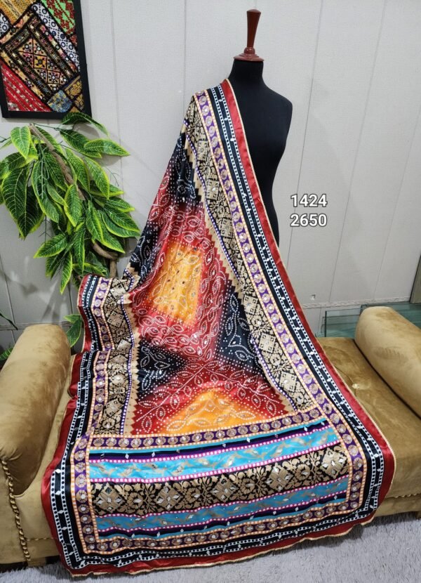 Printed Silk Dupatta With Mirror Work