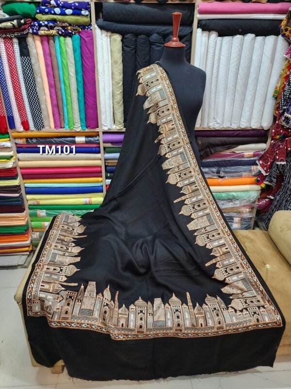 Black Pashmina Shawl | Taj Mahal Embroidery - Image 2