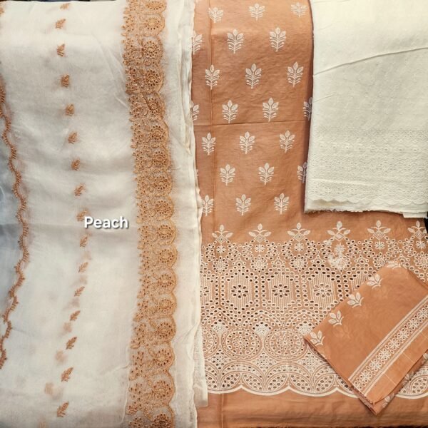 Chikankari 3 Piece Lawn Suit Peach