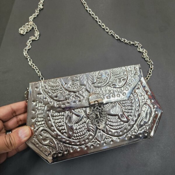 Silver Antique Ethnic Kuchi Metal Clutch Handmade - Image 5