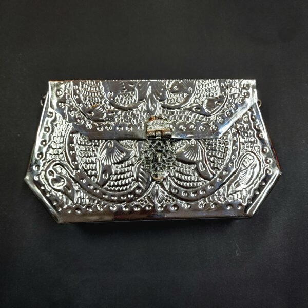 Silver Antique Ethnic Kuchi Metal Clutch Handmade - Image 3