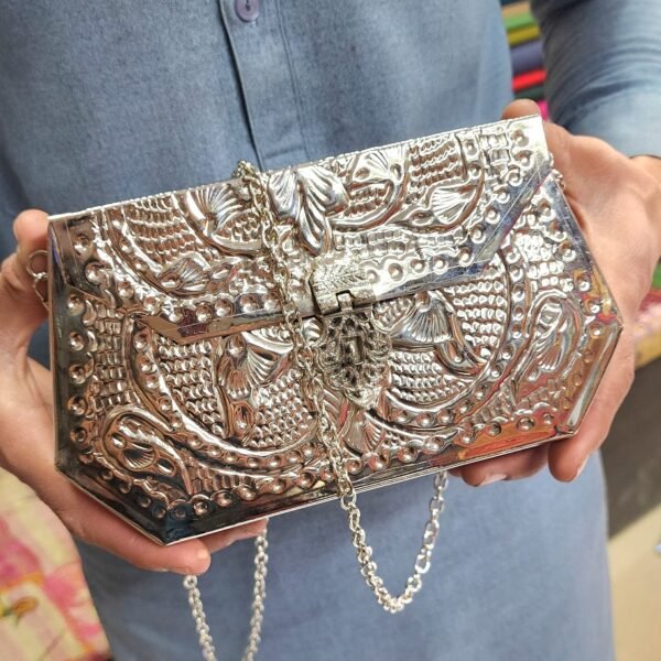 Silver Antique Ethnic Kuchi Metal Clutch Handmade