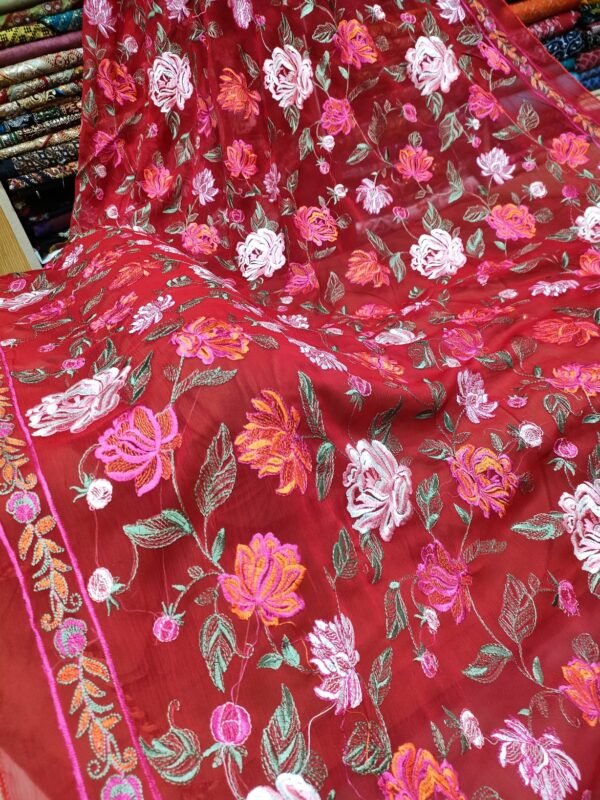 Red Crinkle Chiffon Full Embroidered Dupatta - Image 3