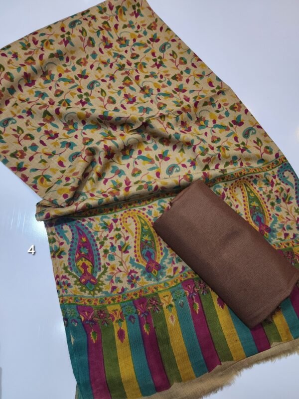 Pashmina 3 Piece Suit | Printed Pashmina Shawl with Marina Plain Suit Perfect Winter Suit - Image 2