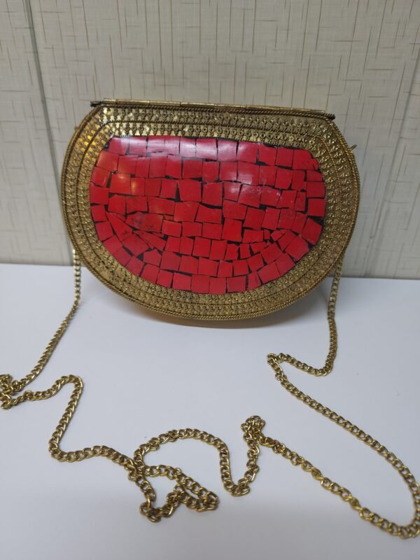 Metal Clutch Large Handmade Stonework Antique Details Perfect Gift | Red - Image 2