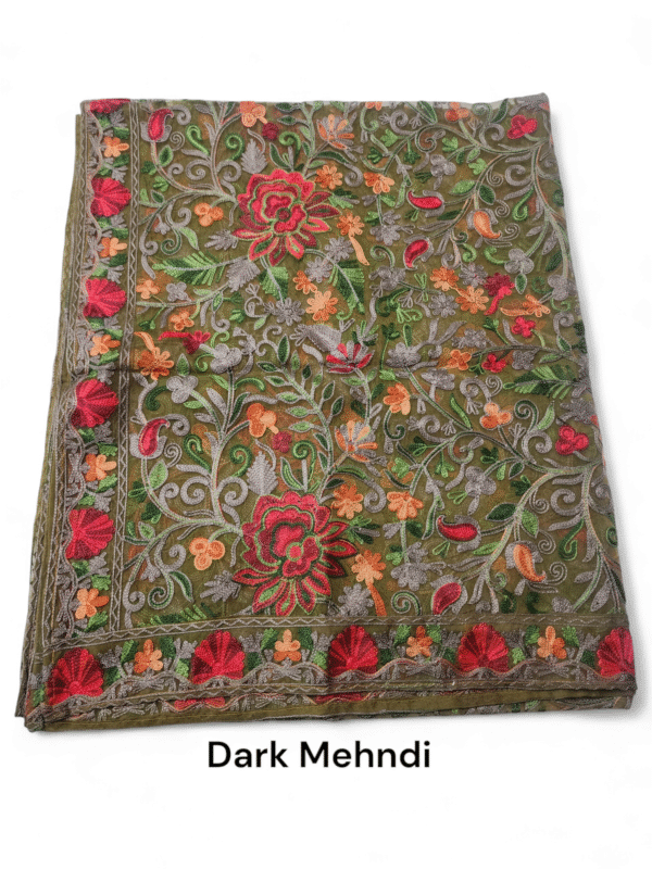 Organza Gulabkar Embroidered Dupatta Soft and Beautiful Dupatta | Dark Mehndi - Image 3