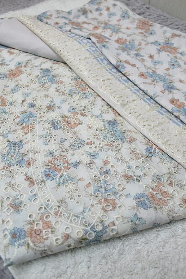 3 Piece Chikankari Suit With Pure Lawn Print Base Chikan Bore