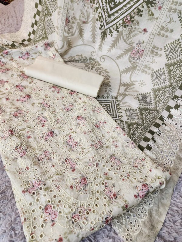 3 Piece Chikankari Suit With Pure Lawn Print Base Chikan Bore | Light Pista