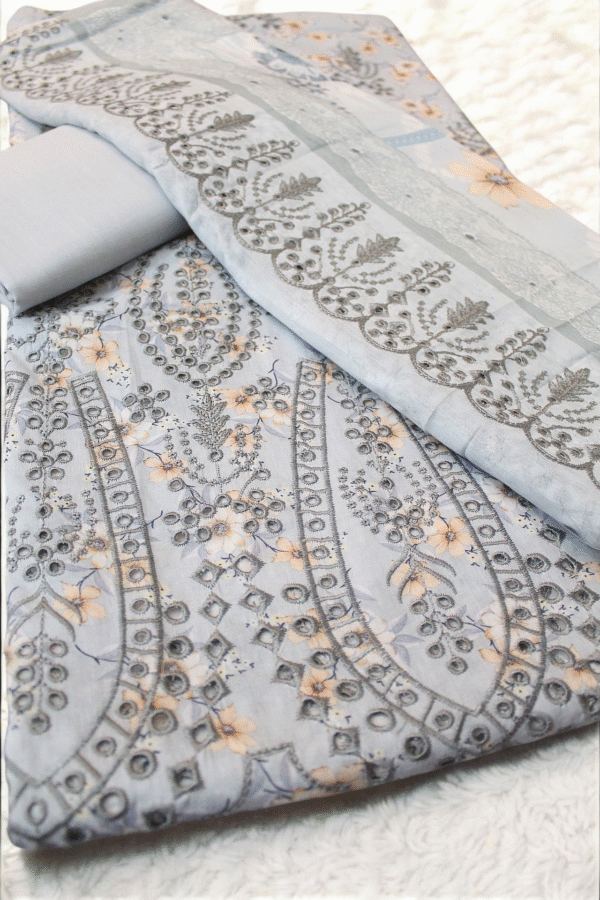3 Piece Chikankari Suit With Pure Lawn Print Base Chikan Bore | Light Grey
