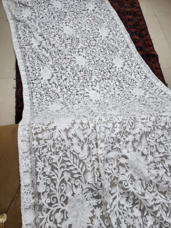 Crinkle Chiffon Gulabkar Embroidered Aar Work Dupatta | White - Image 3