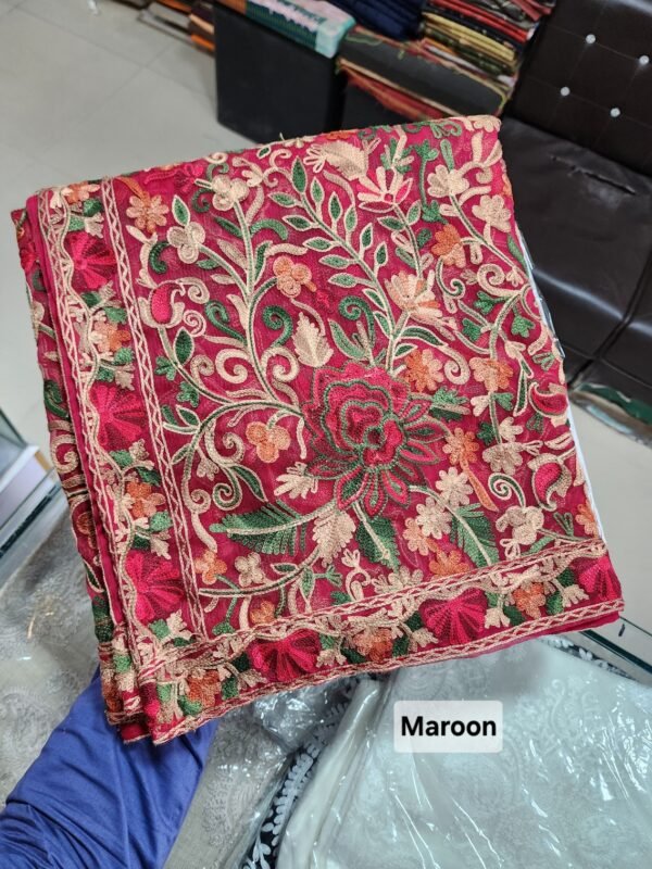 Crinkle Chiffon Aari Embroidered Dupatta Multi Color | Maroon