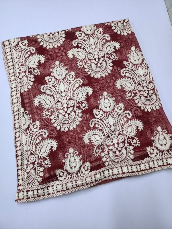 Crinkle Chiffon Embroidered Dupatta | Maroon with White